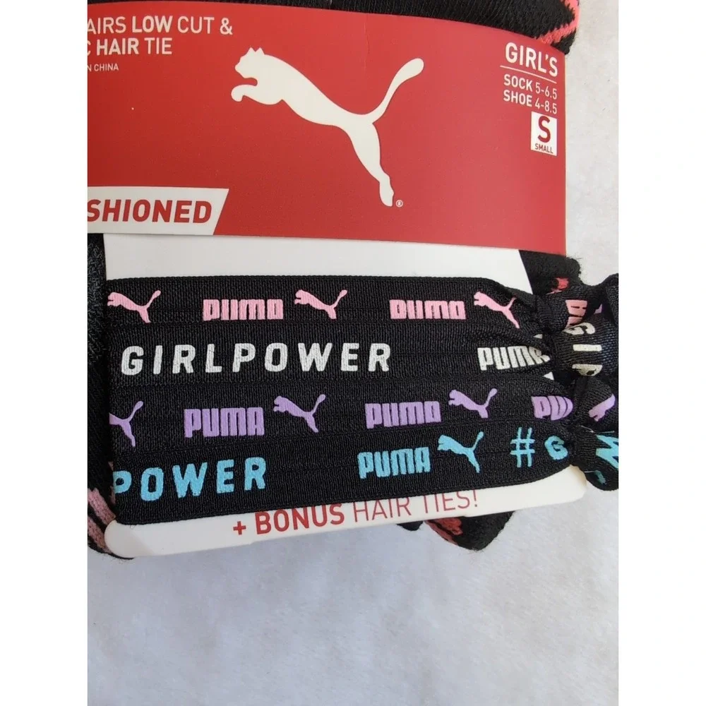 PUMA Girls 8 Pack Low Cut Heart Socks + 4  Hair Ties, 5-6.5, Black/Multi Small